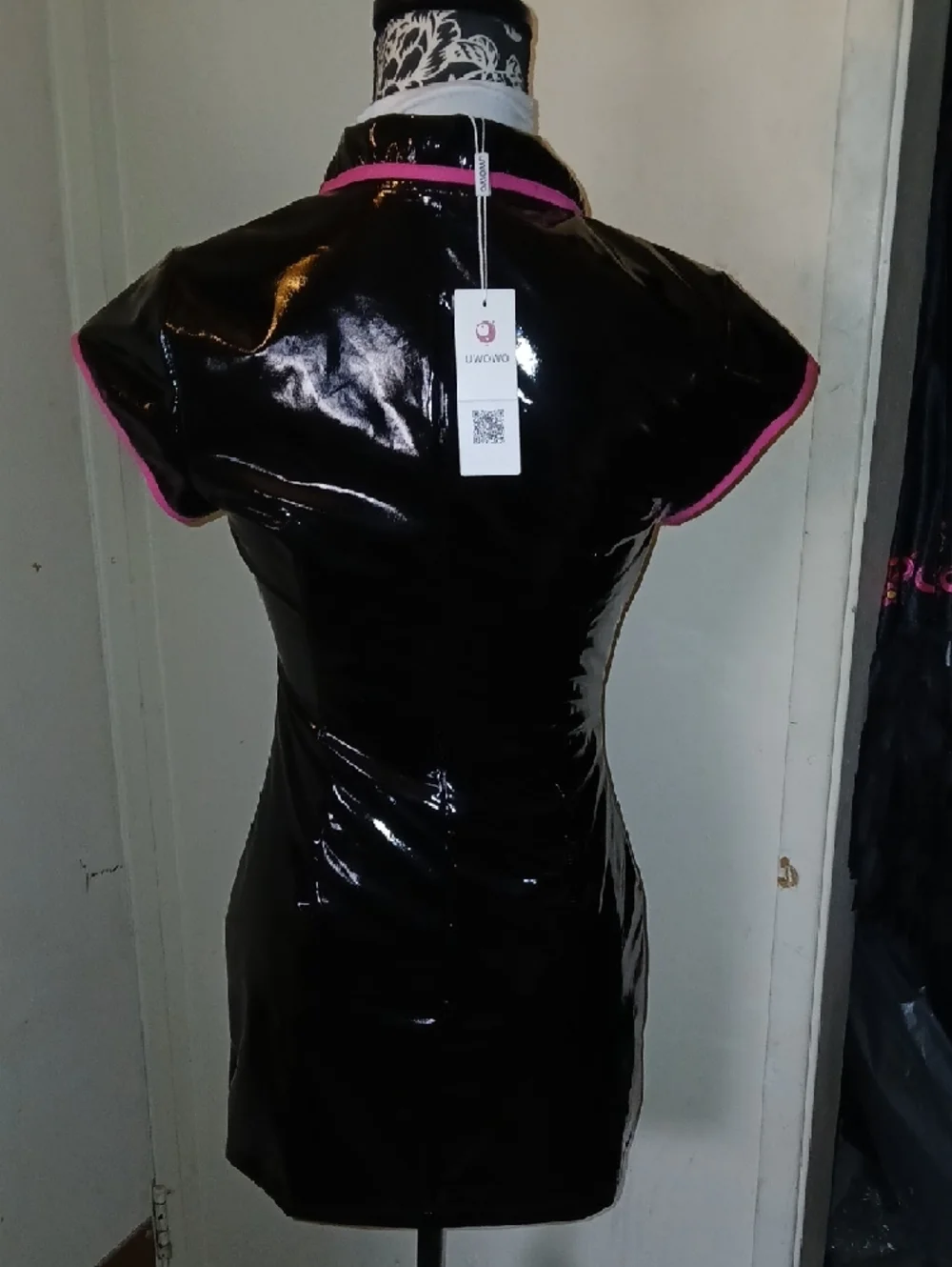 UWOWO Black Patent Vinyl Mini Dress with Hot Pink Trim. - Picture 4 of 9